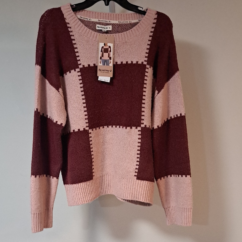 BearPaw Maroon and Light Pink Block Sweater